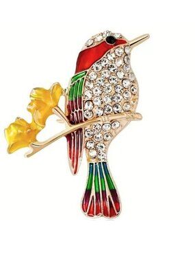 Brooch Hummingbird Rhinestone Enamel Stylish Sparkle Glam Bird Colorful Trendy
